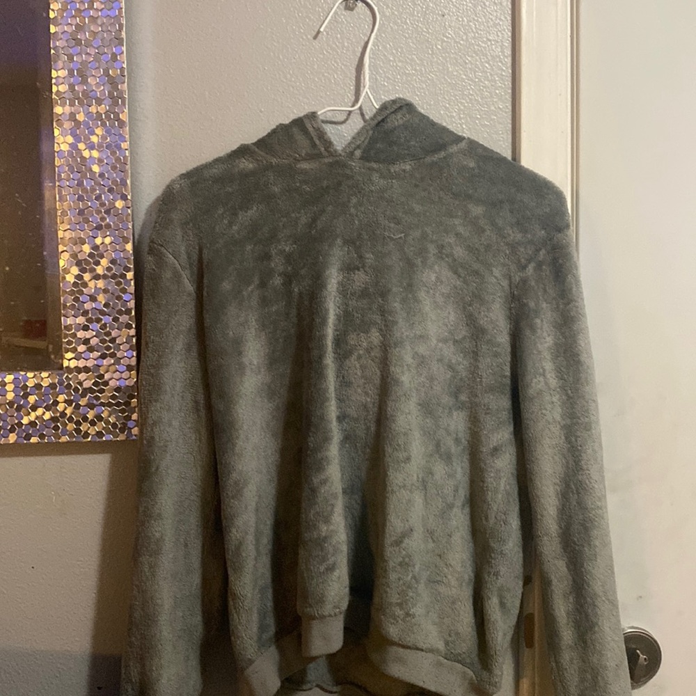 This is a nice comfy grey fluffy hoodie,for girls(or any gender)